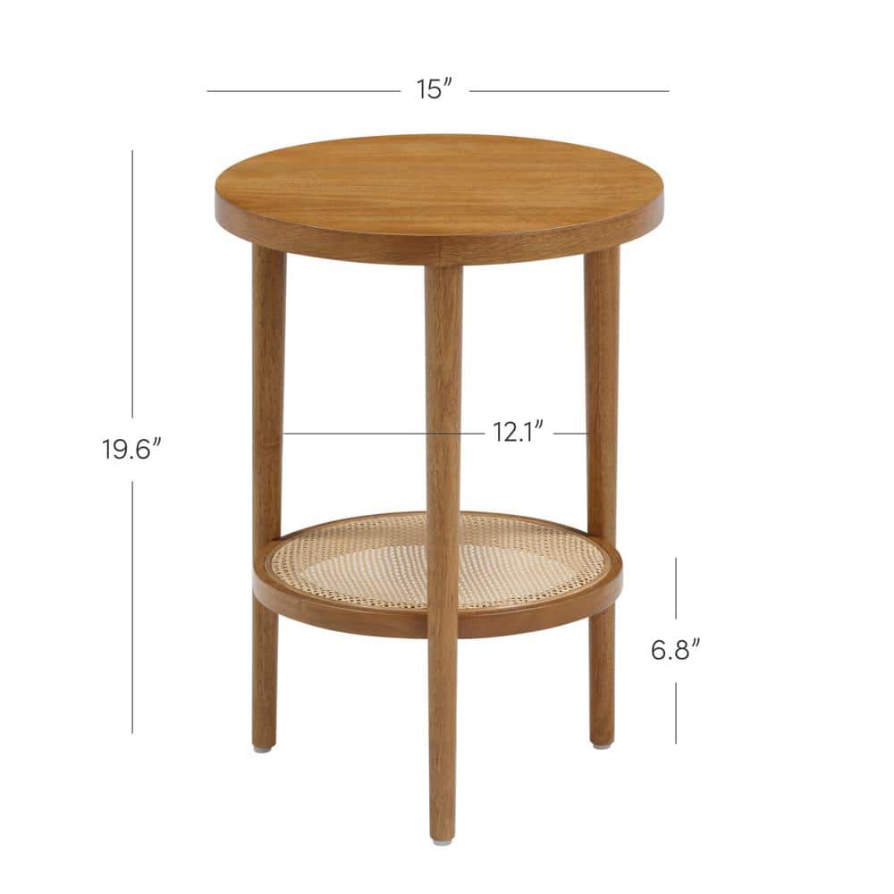 Honey Brown Round Wood Side Table with Rattan Shelf