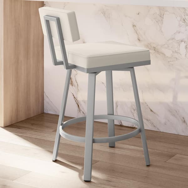 Amisco Staten 30 in. Off White Faux Leather/Shiny Grey Metal Bar Stool