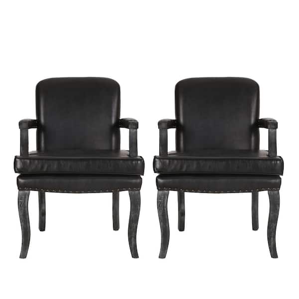 Noble House Ardson Midnight Black and Gray Faux Leather Dining Arm Chairs (Set of 2)