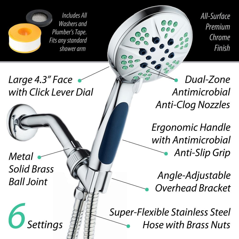 Chrome Handheld Shower Head with Antimicrobial Nozzles and 6 Settings