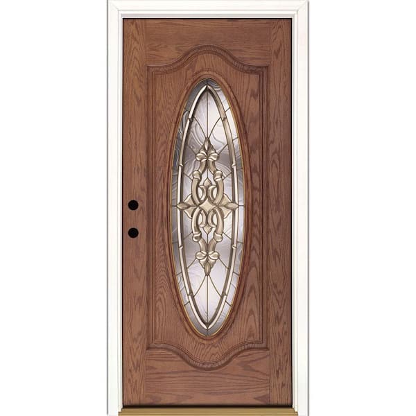 Feather River Doors 37.5 in. x 81.625 in. Silverdale Brass Full Oval Lite Stained Medium Oak Left-Hand Inswing Fiberglass Prehung Front Door