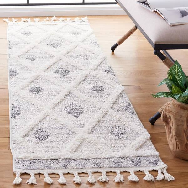 Moroccan Tassel Shag 2 ft. x 8 ft. Beige/Gray Zig-Zag Border Diamond Runner Rug