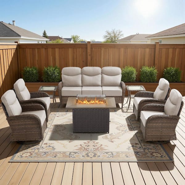 High Crescent 10-Piece Brown Wicker Patio Conversation Set with Beige Cushions and Wicker Fire Pit Table