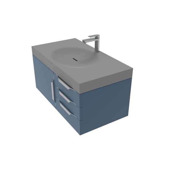 castellousa Thames 36 in. W x 19 in. D x 16.25 H Single Floating Bath Vanity in Blue in Brushed Nickel Trim w Solid Surface Gray Top