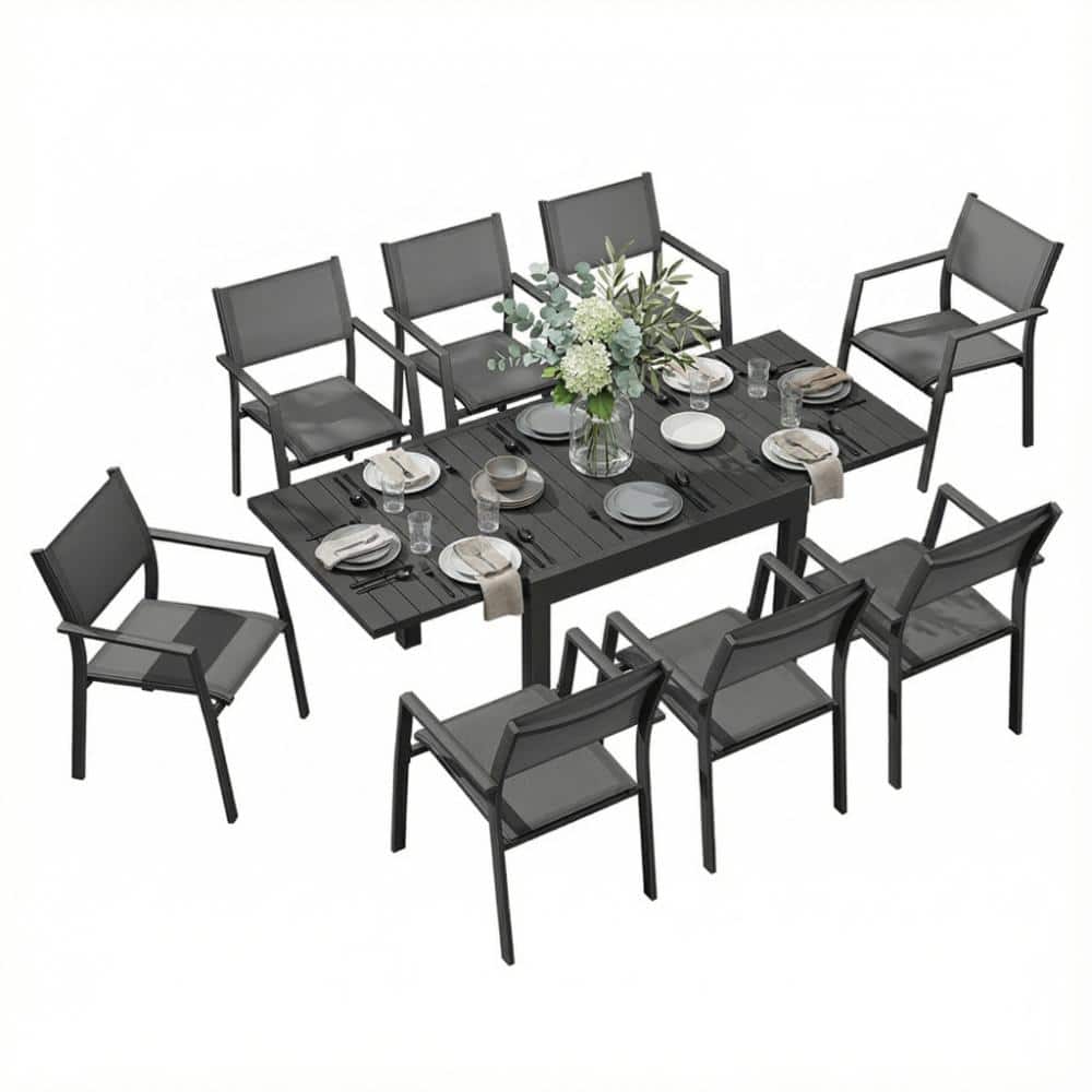 9-Piece Aluminum Patio Extendable Outdoor Dining Table and 8 Stackable Textilene Chairs, Black