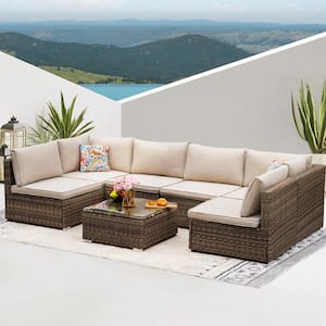 Modern & Comfortable 7-Piece Metal Wicker Outdoor Sectional Set with Brown Cushions
