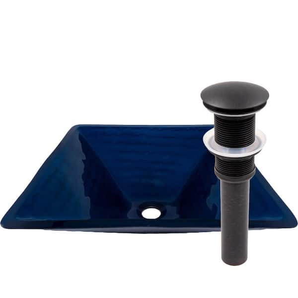 Novatto Fresco Blue Grey Glass Square Vessel Sink with Drain in Oil Rubbed Bronze