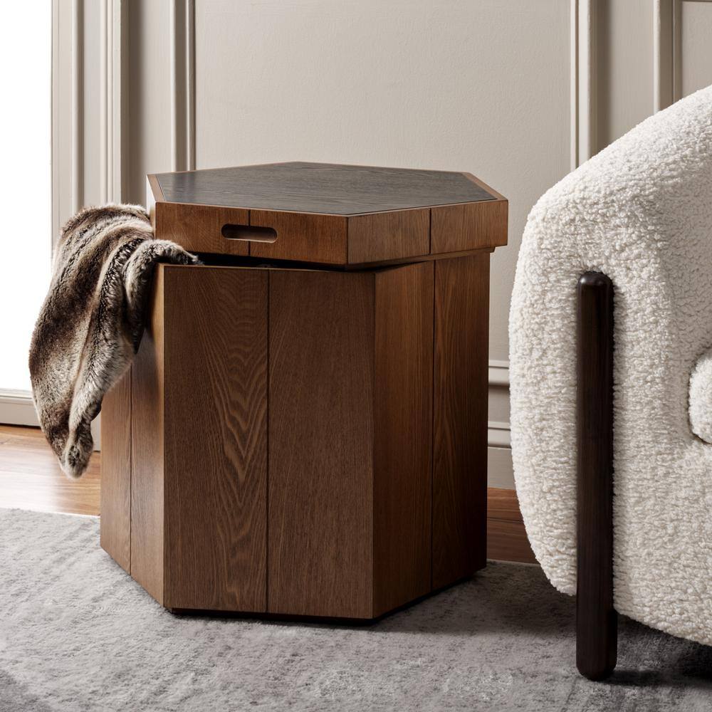 Rafaela 20" Walnut and Black Hexagon Storage Accent Table