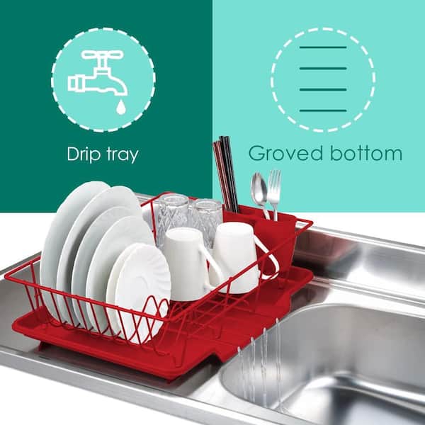 Adrinfly Vinyl Countertop Dish Rack in Red with Sloping Tray and