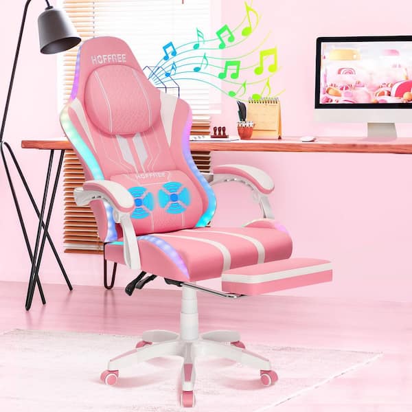 Hoffree Faux Leather Massage Ergonomic Gaming Chair Big and Tall Game Chair in Pink with Bluetooth Speakers LED Lights Footrest