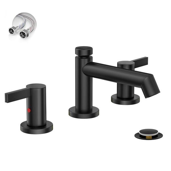 3 Hole Matte Black Bathroom Sink Faucet, 8 Inch Widespread Modern Bath Faucet Brass Bath Faucet with Metal Pop Up Drain