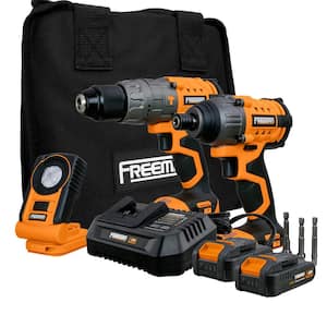 20 Volt Cordless Hammer Drill, Impact Driver, and LED Light Kit with 2 Ah Lithium-Ion Batteries, Quick Charger, and Bag