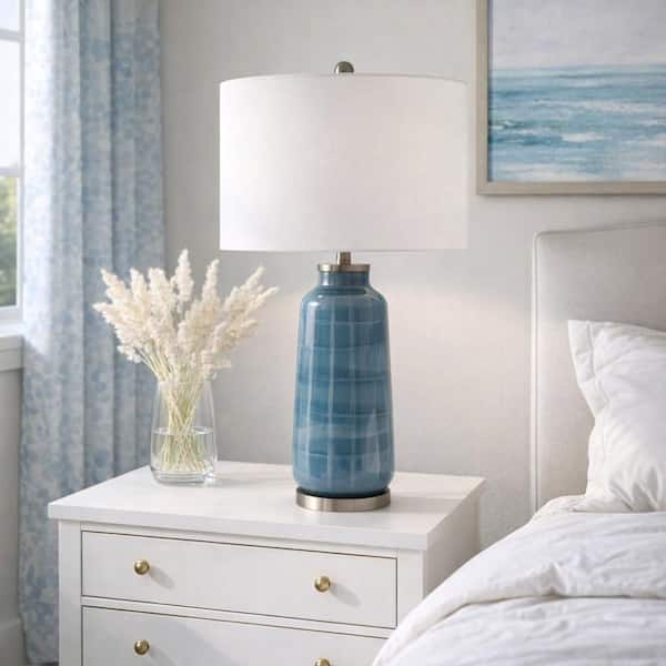 Liv & Skye 29 in. Blue Checkered Glass Table Lamp with Metal Base