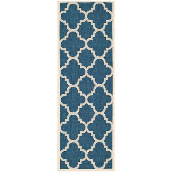SAFAVIEH Courtyard Navy/Beige 2 ft. x 7 ft. Geometric Indoor/Outdoor Patio  Runner Rug