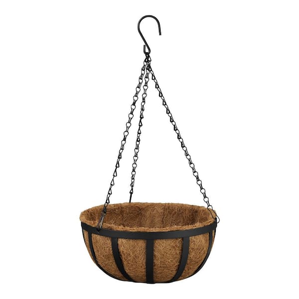 Vigoro English Medium Black Metal Hanging Round Planter with Coco Liner (12 in. L x 12 in. W x 5.7 in. H)