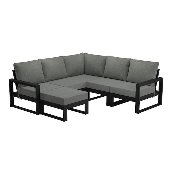 Endless Black Frame 6-Piece HDPE Plastic Outdoor Patio Modular Sectional Ottoman Set with Gray Cushions