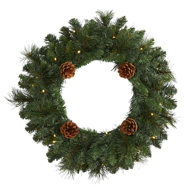 Nearly Natural 20 in. Pre-Lit Pine Artificial Christmas Wreath with 35 LED Lights and Pine Cones