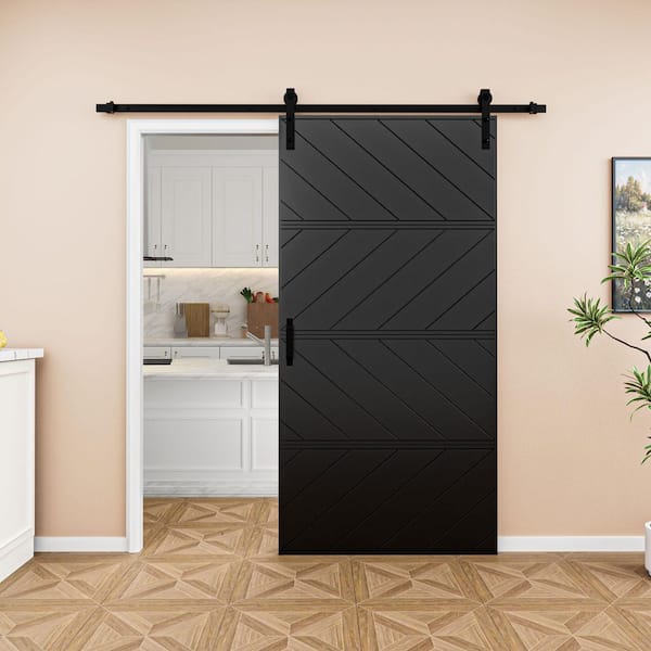 ARK DESIGN 42 in. x 84 in. Paneled 4-Segments Wave Design Black MDF Sliding Barn Door Slab with Installation Hardware Kit