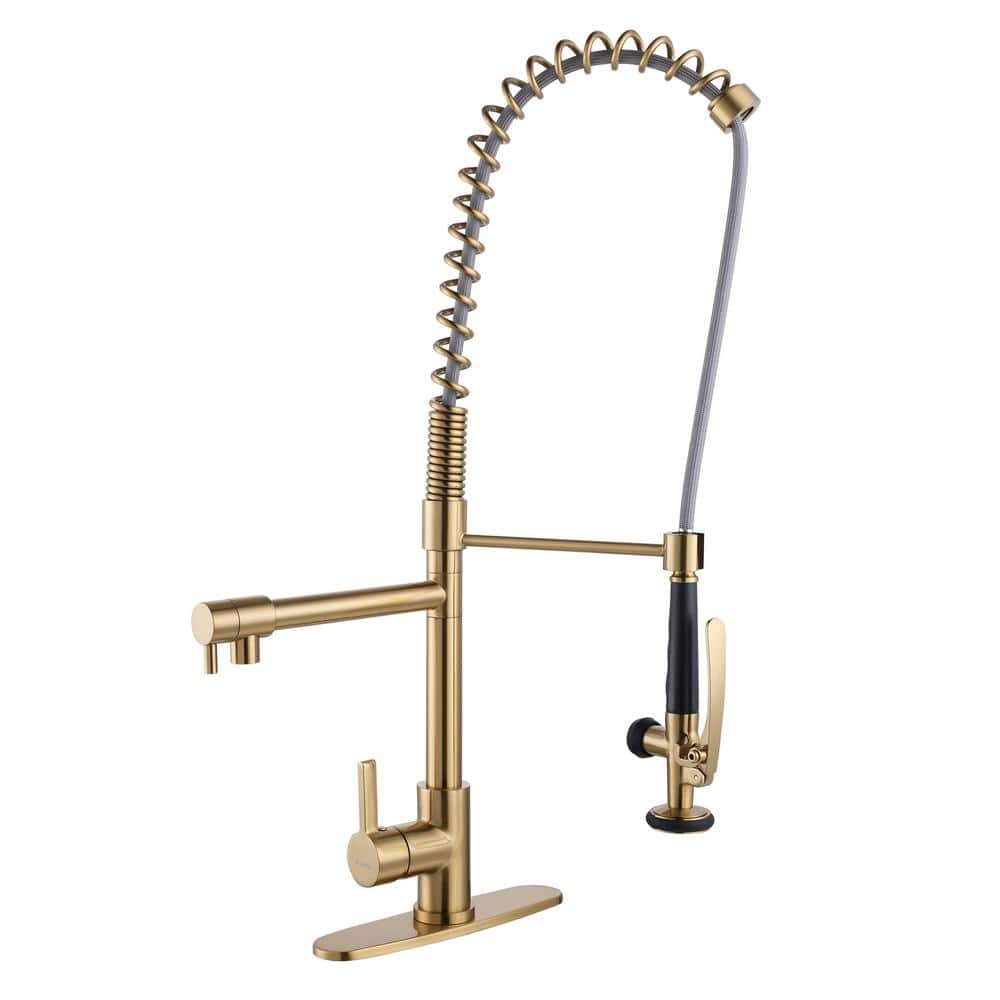 Gold Deck Mounted Double Handle Pull Down Sprayer Kitchen Faucet