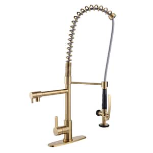 Deck Mounted Commercial Double-Handle Pull Down Sprayer Kitchen Faucet in Gold