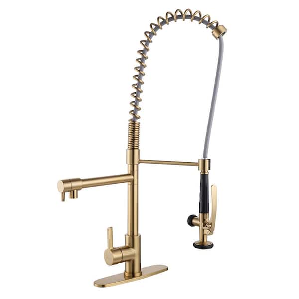 IVIGA Commercial Deck Mount Double Handle Pull Down Sprayer Kitchen Faucet with Pre-Rinse Sprayer and Locking Buckle in Gold