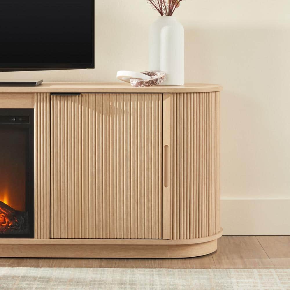 Modern Coastal Oak 70" Fireplace TV Stand with Reeded Cabinet