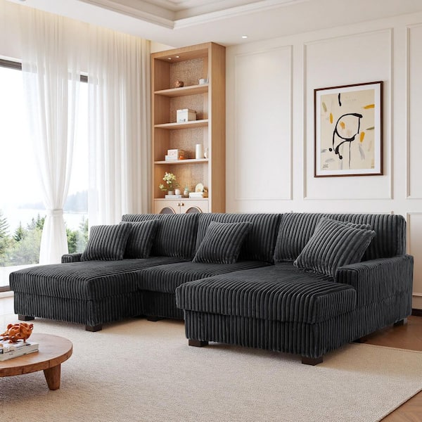 118.31 in. W Square Arm 3-piece Faux Rabbit Fur Fabric Upholstered U-Shaped Modular Sectional Sofa in Gray