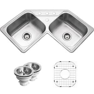 Houzer 32 in. Stainless Steel Topmount Drop-In 50/50 Double Bowl Corner Kitchen Sink with Strainer and Grid - LCR-3221-C