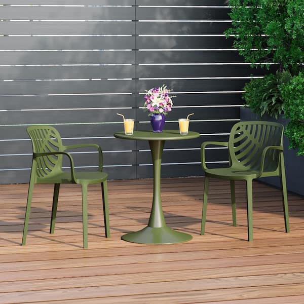 Frond and Form Modern Outdoor Patio Poly Plastic Stacking Dining Armchair (Set of 2) in Olive Green