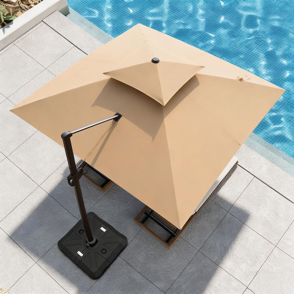Pellebant 11 ft. x 11 ft. Aluminum 2-Tier Outdoor Cantilever Umbrella Offset 360° Rotation Patio Umbrella in Light Tan with Base