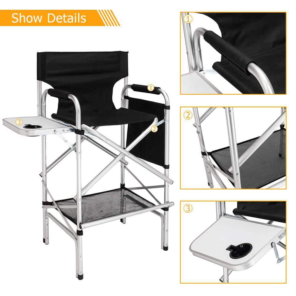 Black Tall Folding Directors Chair with Aluminum Frame and Storage Bag