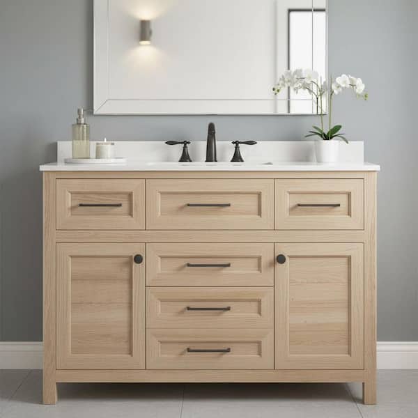 Hanna 48 in. Single Sink Weathered Tan Bath Vanity with White Engineered Stone Top (Assembled)