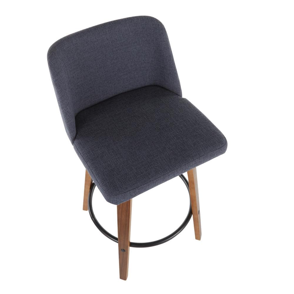 Walnut and Blue Mid-Century Modern Swivel Counter Stools, Set of 2