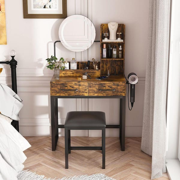 Unbranded Brown Makeup Vanity Table w/ 3-Color LED Lights, Power Outlet,  2-Big Drawers, Dressing Table for Bedroom Dressing Room HL-W509P297015