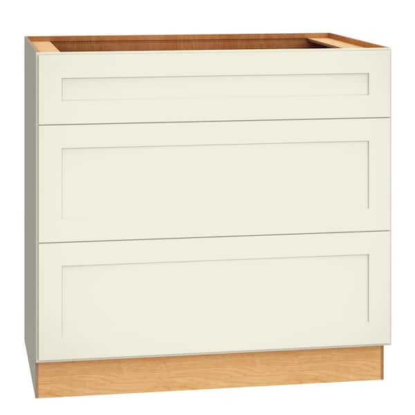 QuickShip Cottage 36 in. W x 24 in. D x 34.5 in. H Assembled Plywood Shaker 3-Drawer Base Kitchen Cabinet in Starlight