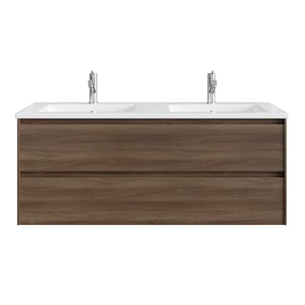 Eviva Bloom 48 in. Double Sink Floating Dark Walnut Bath Vanity with White Porcelain Top (Assembled)