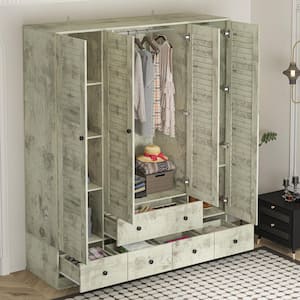 Gray Wood 59 in. W Shutter Doors Armoires Wardrobe Farmhouse Style with 5-Drawers, Hanging Rod (70.5 in. H x 19 in. D)