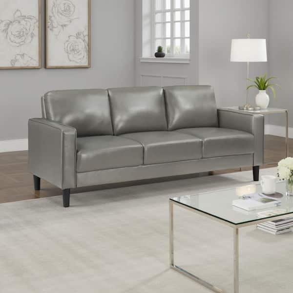 Rumi 76.5 in. Straight Arm Faux Leather Rectangle Sofa in Gray and Black
