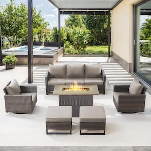 U-Weave 6-Piece Brown Wicker Outdoor Rectangular Fire Pit Conversation Set with Gray Cushions and Swivel Rocking Chairs
