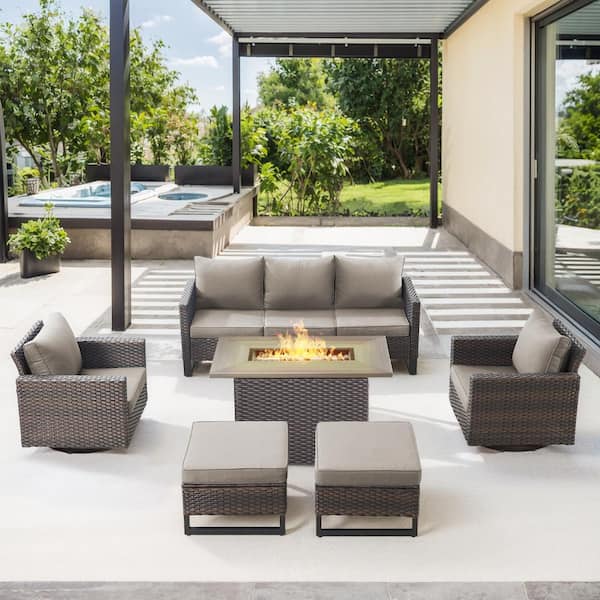 U-Weave 6-Piece Brown Wicker Outdoor Rectangular Fire Pit Conversation Set with Gray Cushions and Swivel Rocking Chairs