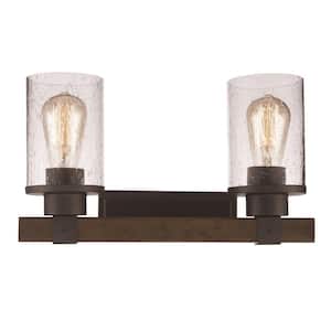 Siesta 15 in. 2-Light Oil Rubbed Bronze and Faux Wood Farmhouse Bathroom Vanity Light Fixture with Seeded Glass
