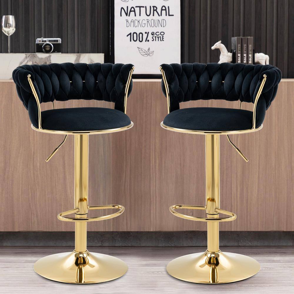 Black Velvet Adjustable Swivel Bar Stools with Gold Frame, Set of 2