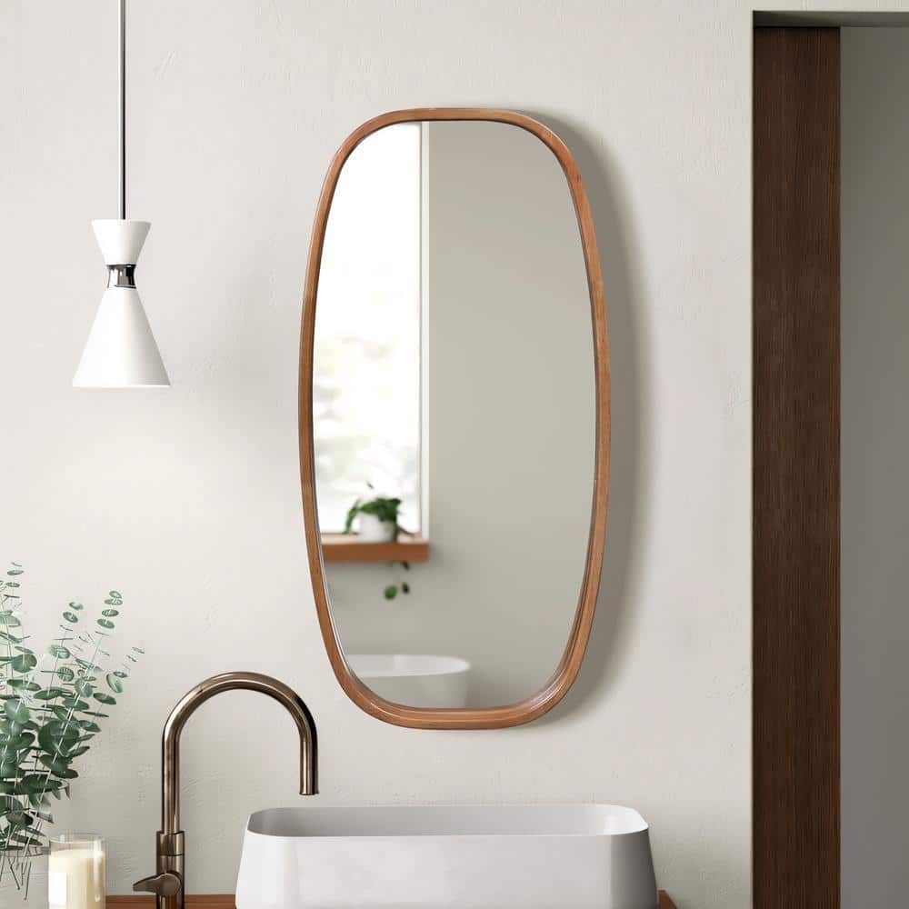 Natural Rubberwood Frame Rounded Rectangle Wall Mirror