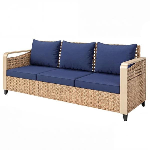 Brown and Dark Blue 3-Piece Wicker Outdoor Sofa Couch Set with Dark Blue Cushions Durable Construction