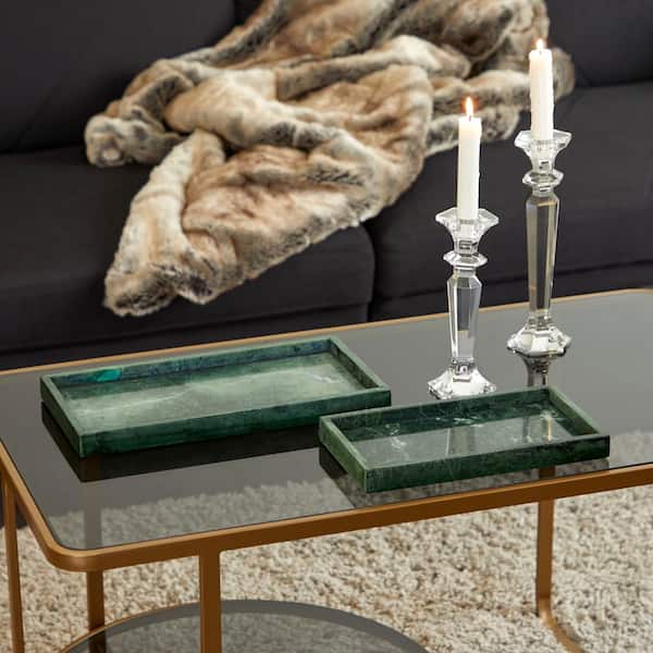 CosmoLiving by Cosmopolitan Green Marble Decorative Tray with Raised Border (Set of 2)
