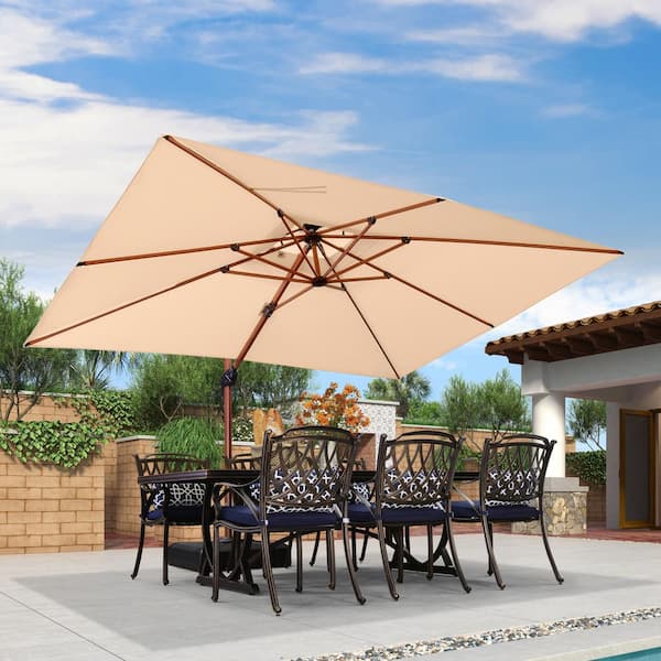 PURPLE LEAF 9 ft. x 12 ft. High-Quality Wood Pattern Aluminum Cantilever Polyester Patio Umbrella with Stand, Beige