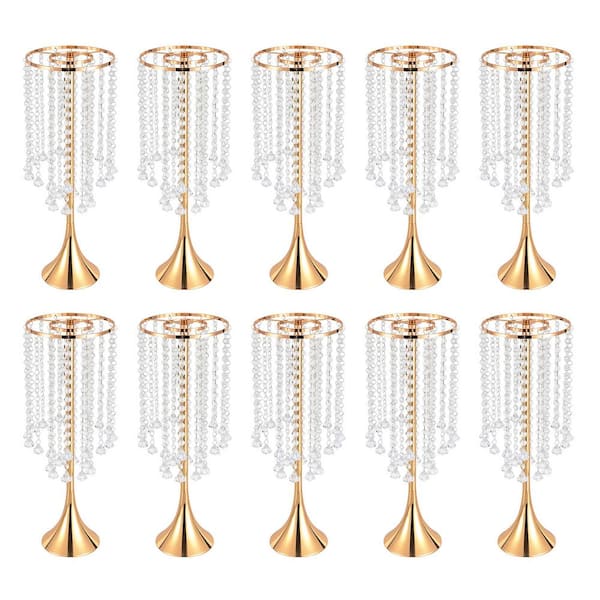 YIYIBYUS 10-Pieces 21.9 in. Tall Wedding Centerpieces Flower Vases Gold Metal Crystal Decoration Flower Stand