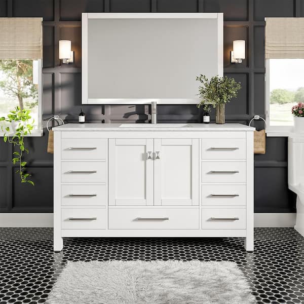 Eviva London 54 in. W x 18 in. D x 34 in. H Bathroom Vanity in White with White Carrara Marble Top with White Sink