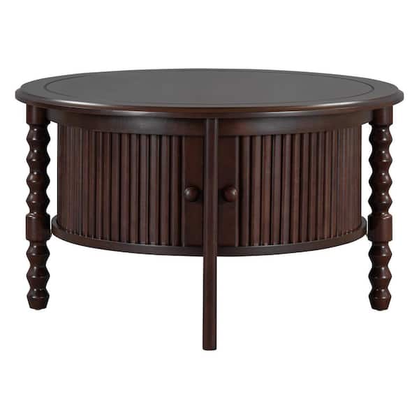 Walnut Round Wood Outdoor Coffee Table with Sliding Door