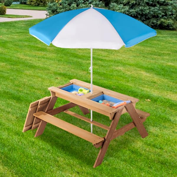 Unbranded 37 in. Natural Rectangle Metal and Wood Outdoor 3-in-1 Kids Picnic Table with Umbrella, Convertible Sand and Wate